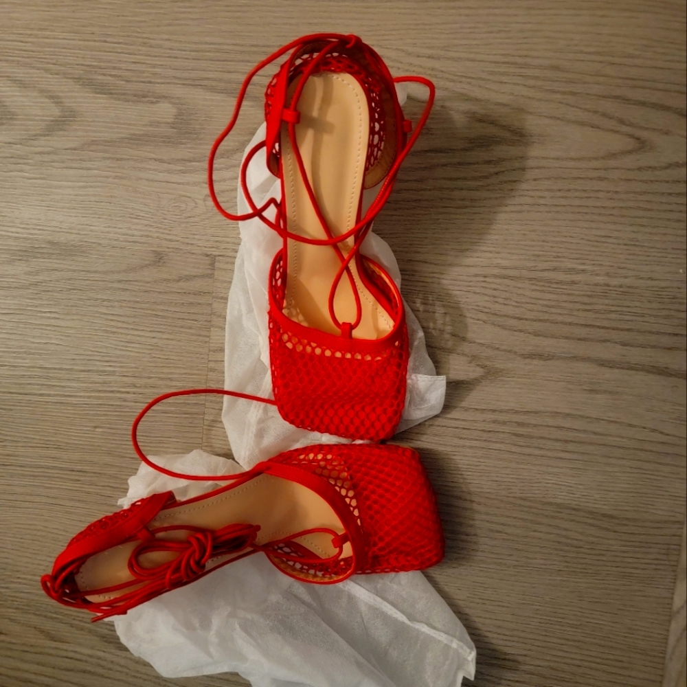 Red Mesh Pumps Sandals Female Square Toe high heel Lace